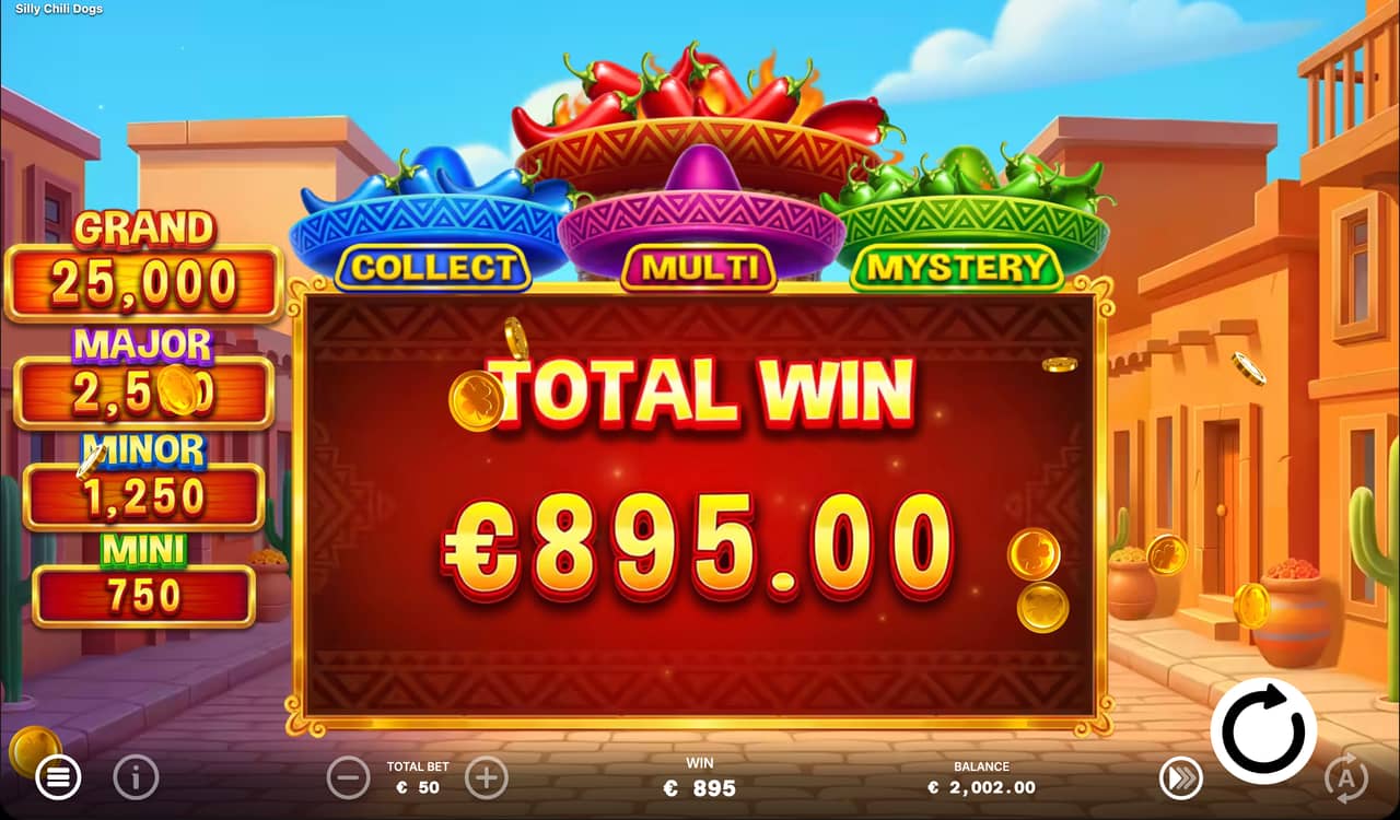 Silly Chili Dogs total win screen after chili feature with stacked multipliers Silly Chili Dogs total win screen after chili feature with stacked multipliers
